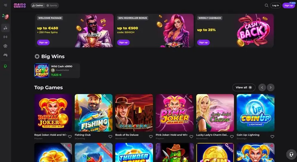 Memo Casino homepage lobby