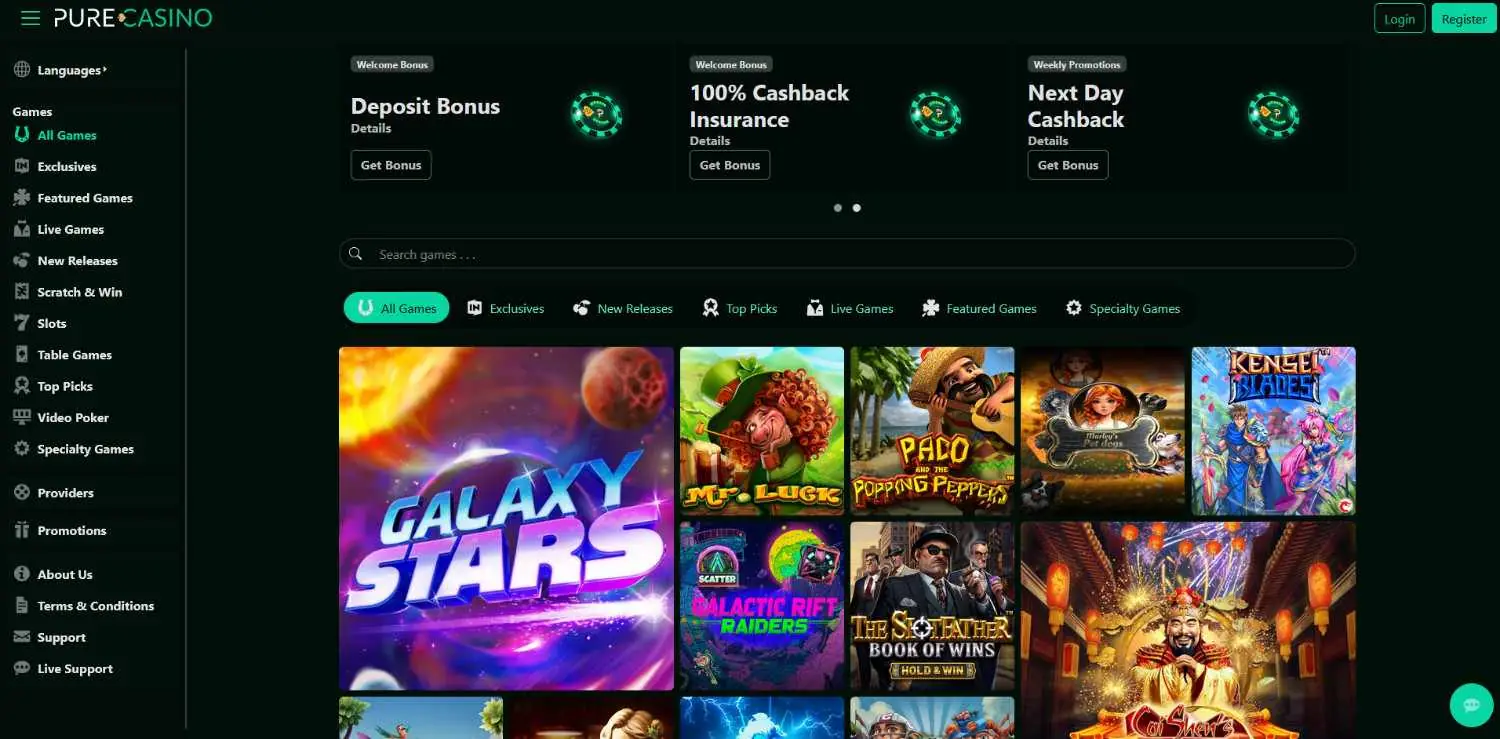 pure casino homepage