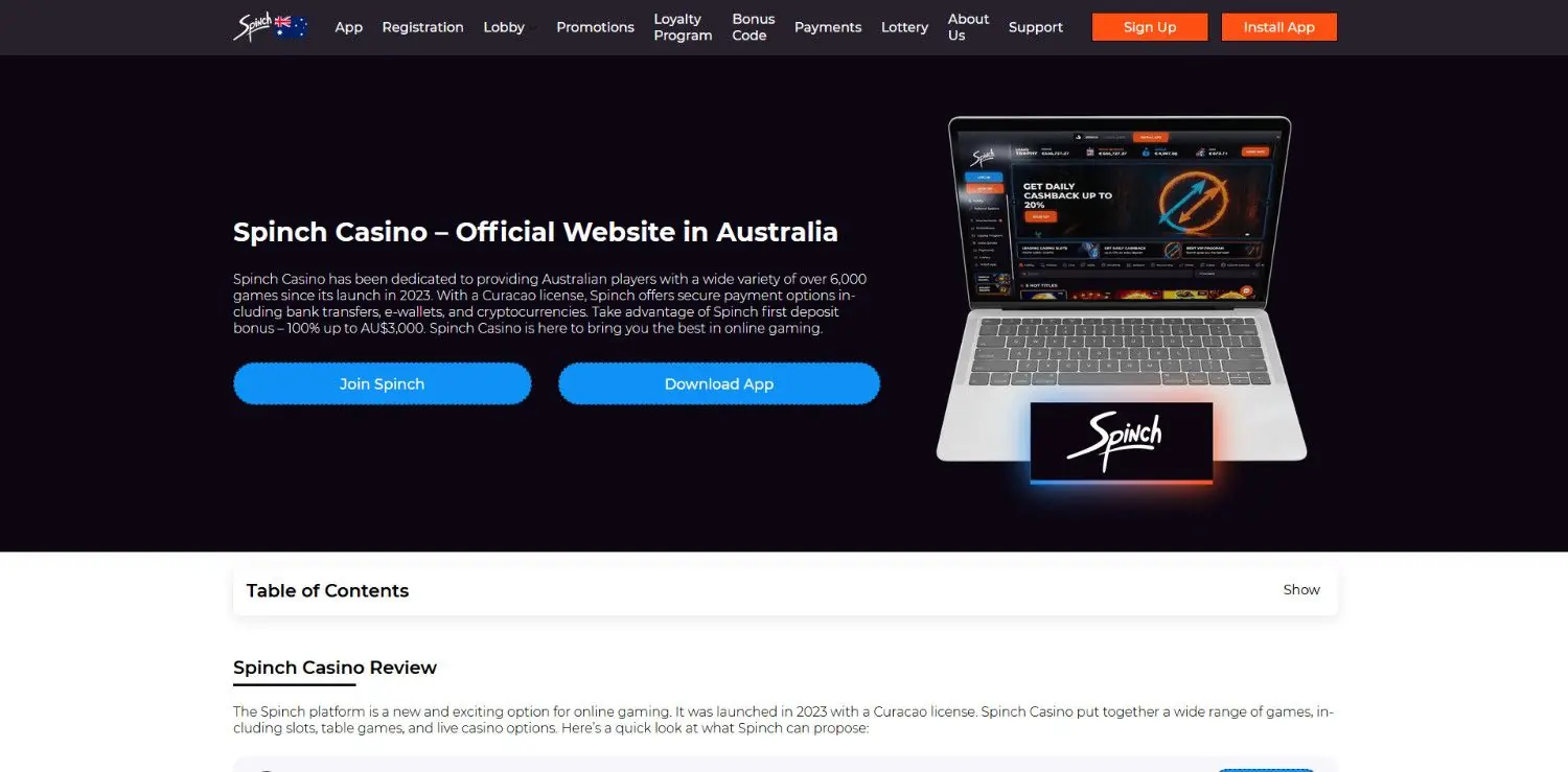 spinch casino homepage