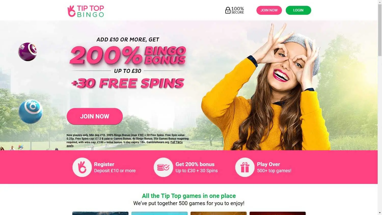 Tip Top Bingo Homepage