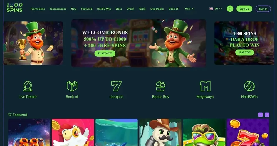 1000 Spins home page