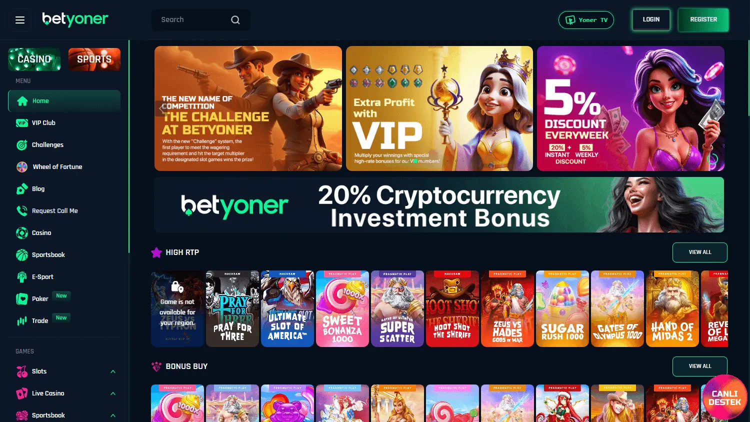 Betyoner casino homepage