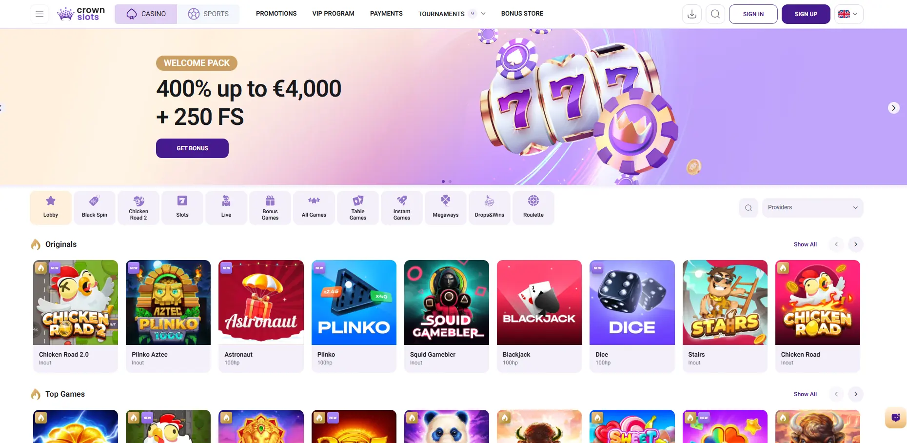 Crown Slots homepage
