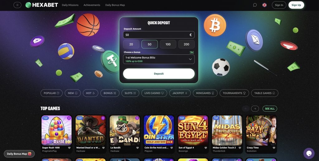 Hexabet Casino homepage