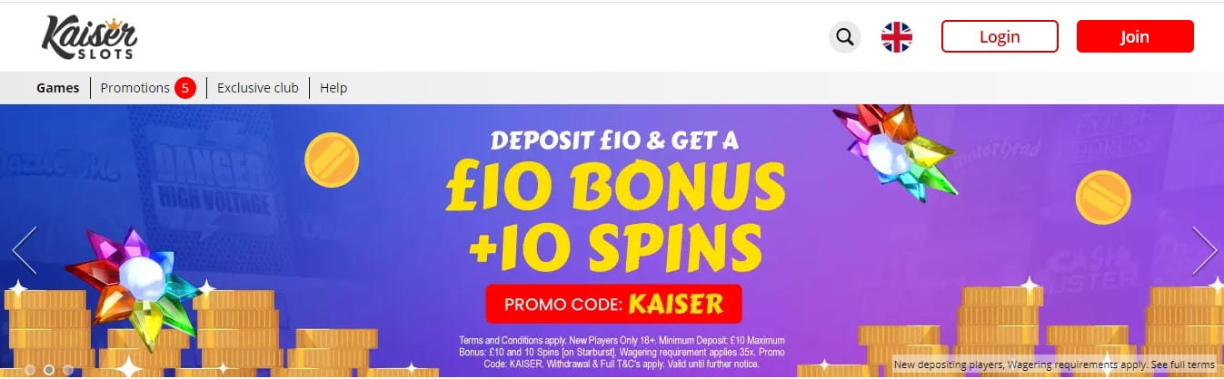 Kaiser Slots homepage