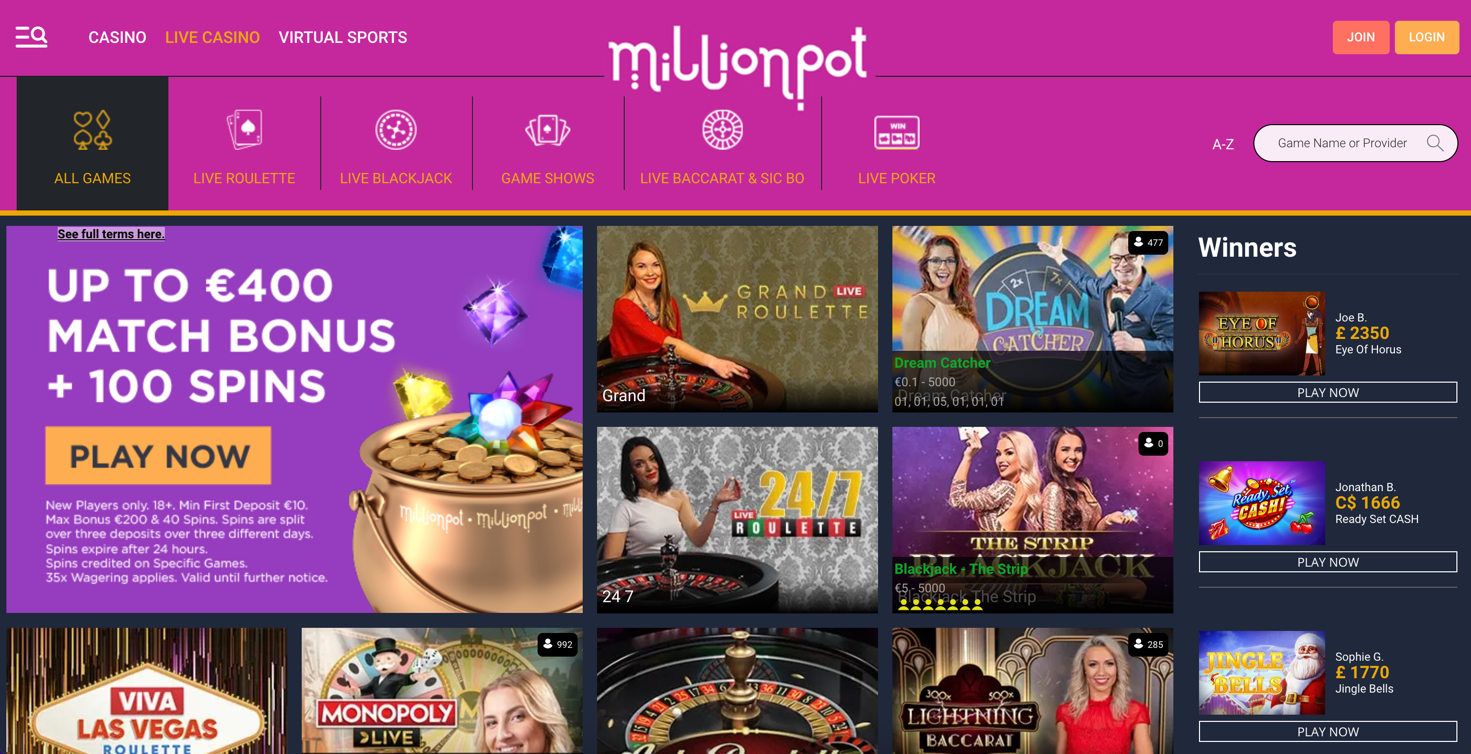 MillionPot homepage