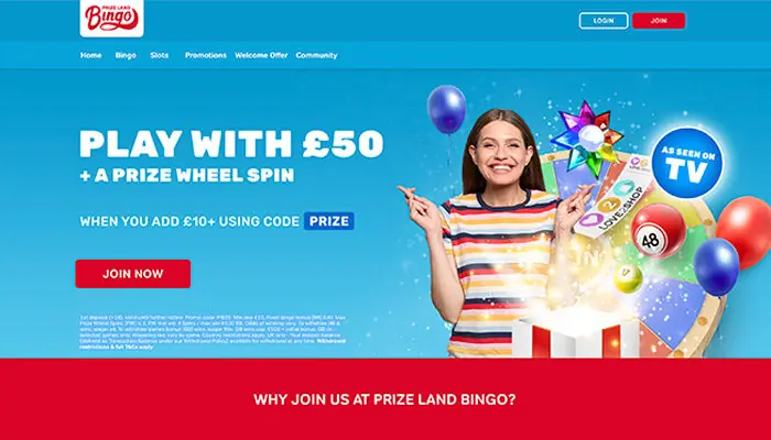 Prize Land Bingo casino homepage