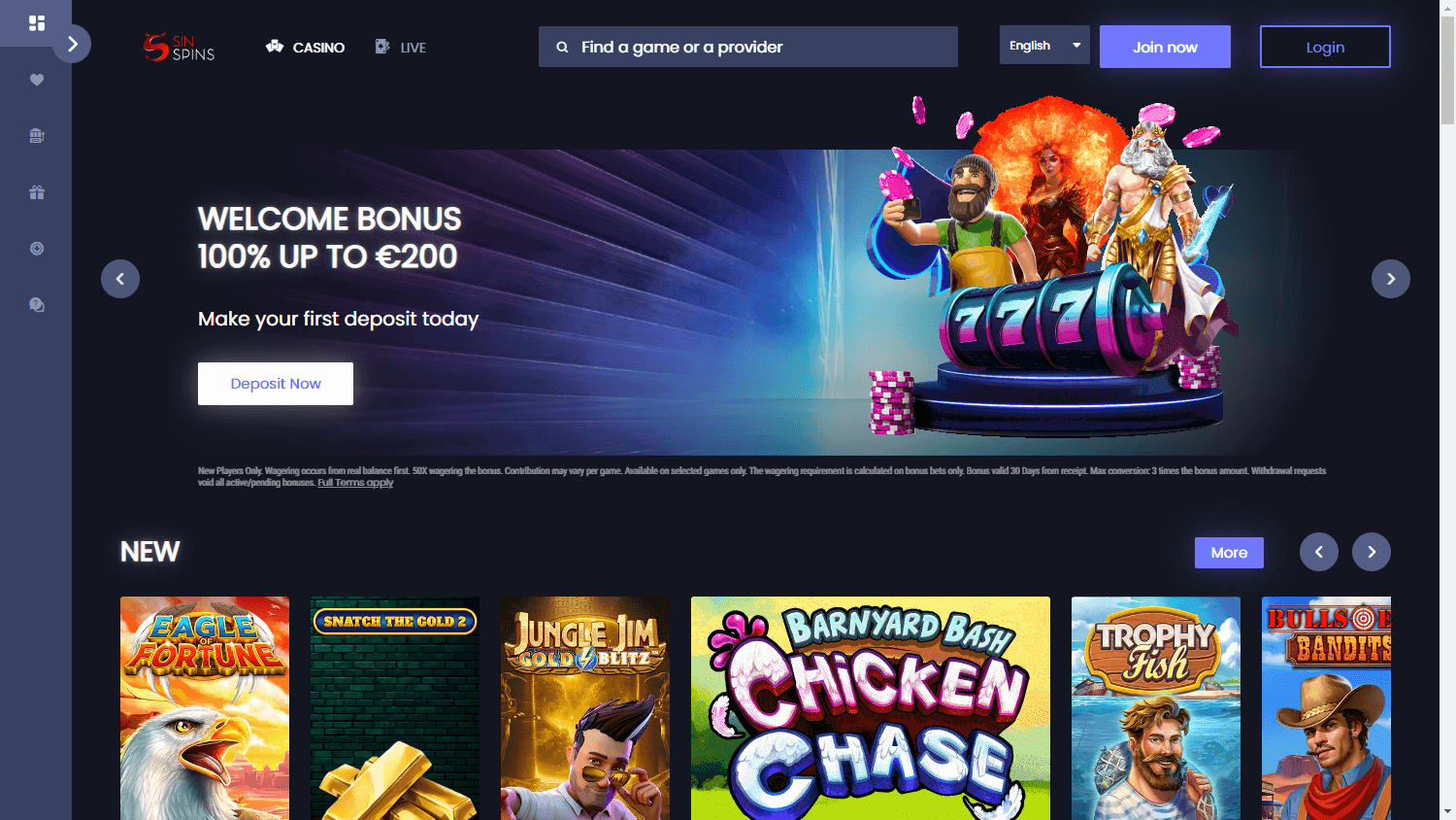 Sin Spins Casino home page