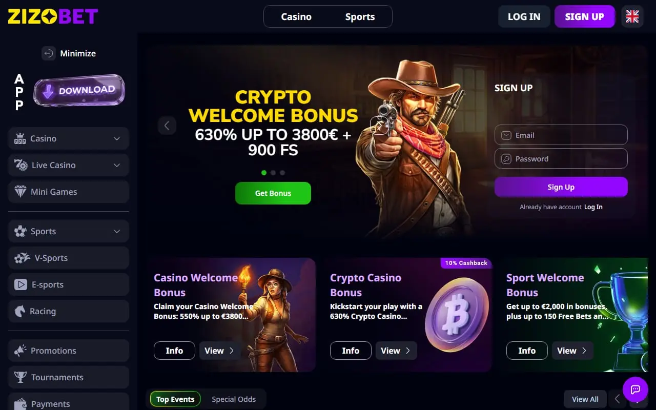 Zizobet Casino homepage