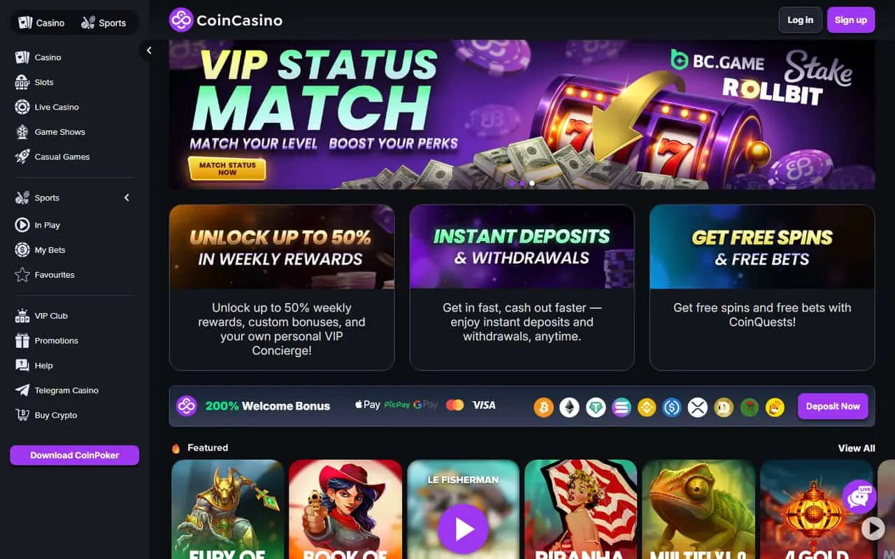 CoinCasino homepage showing its casino and crypto-focused lobby