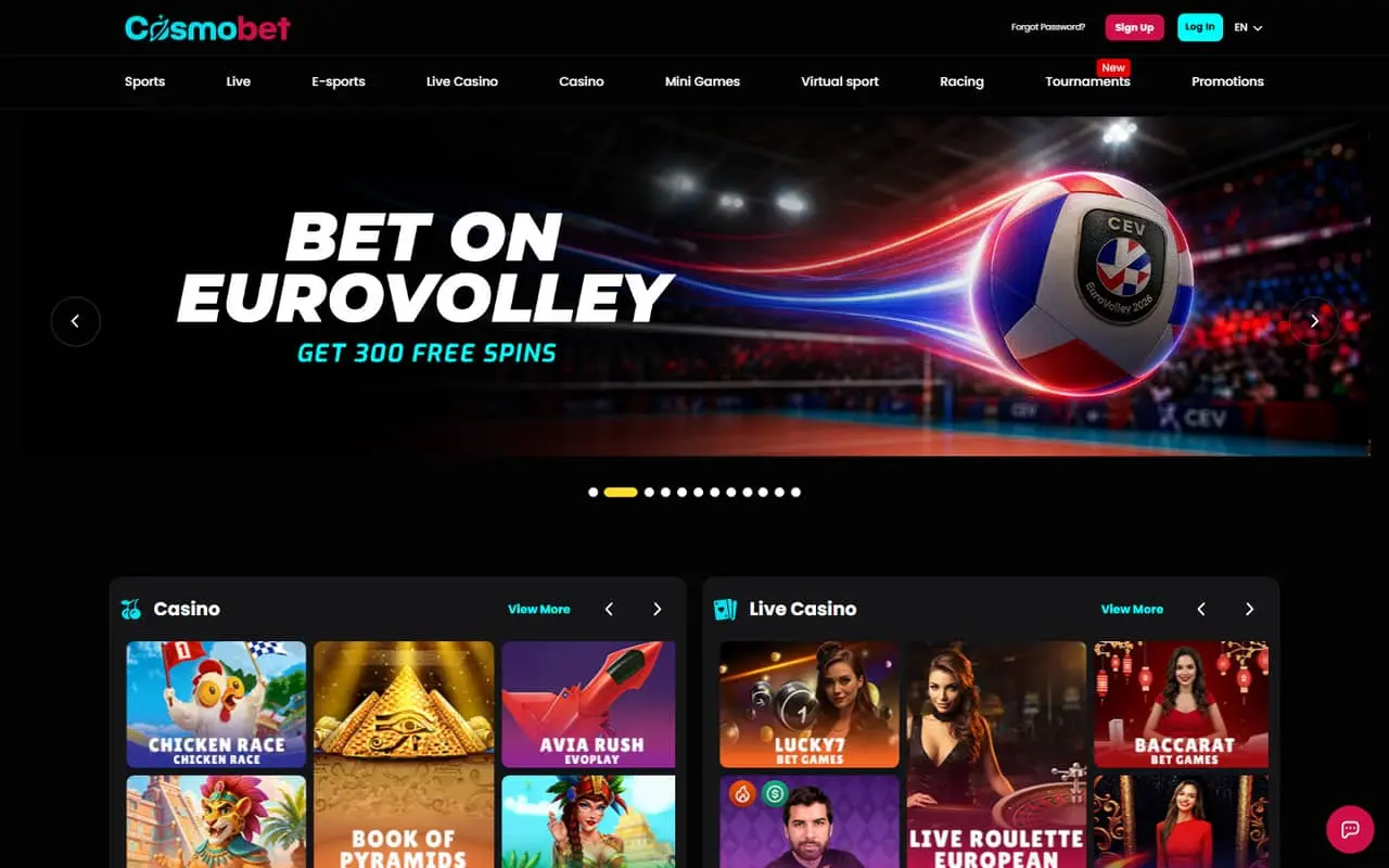 Cosmobet casino homepage showing current sports and casino navigation