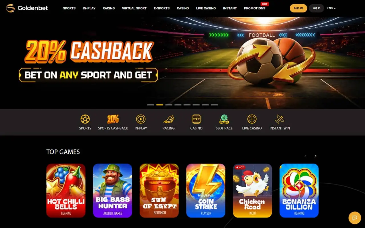 GoldenBet homepage showing current sports promotion and casino navigation