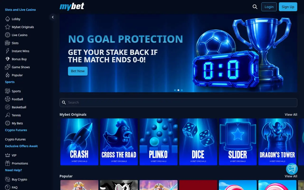 MyBet homepage showing its casino and sportsbook navigation