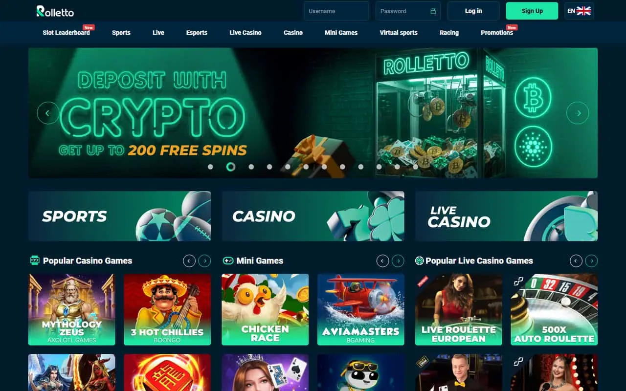 Rolletto casino homepage showing current crypto promotion and navigation