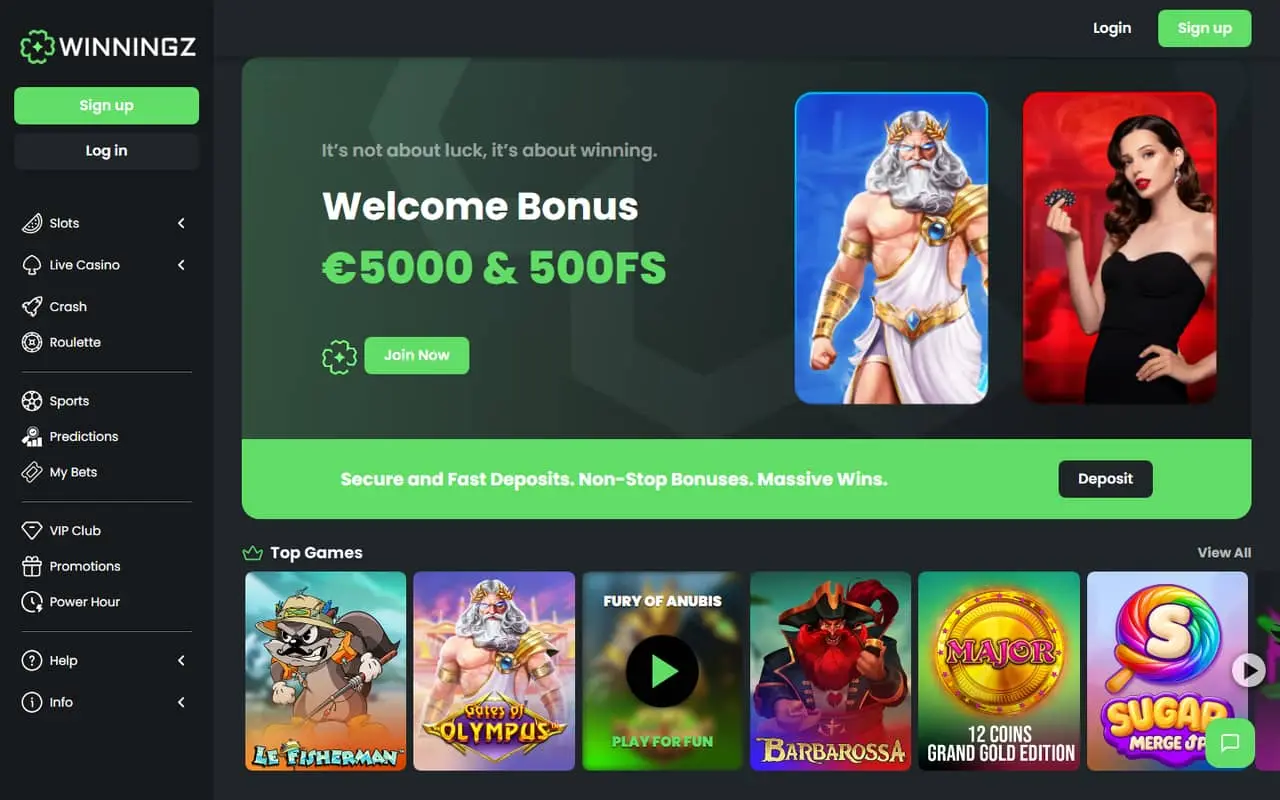 Winningz casino homepage showing the current slots and sports lobby