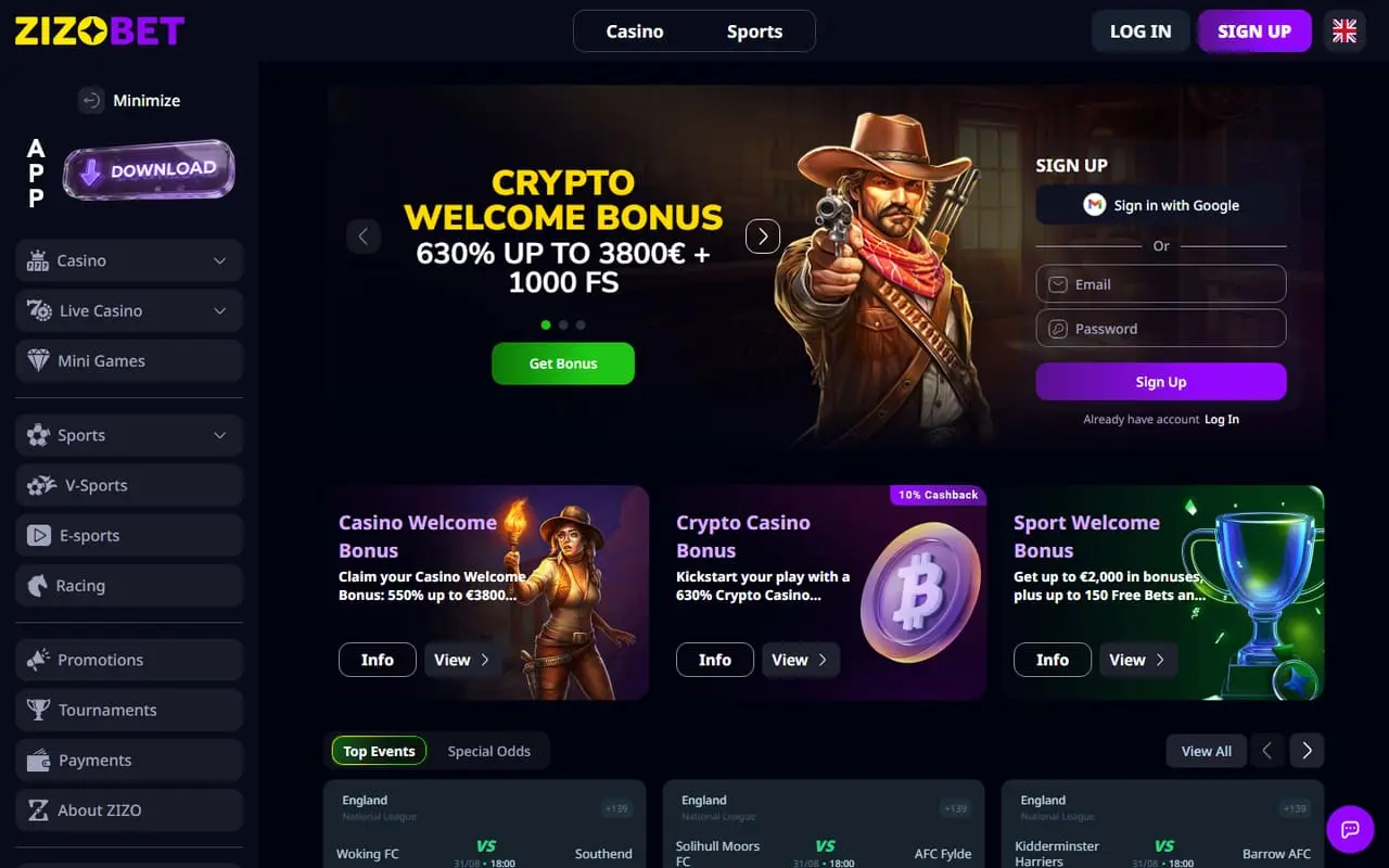 Zizobet casino homepage showing current casino and sports promotions