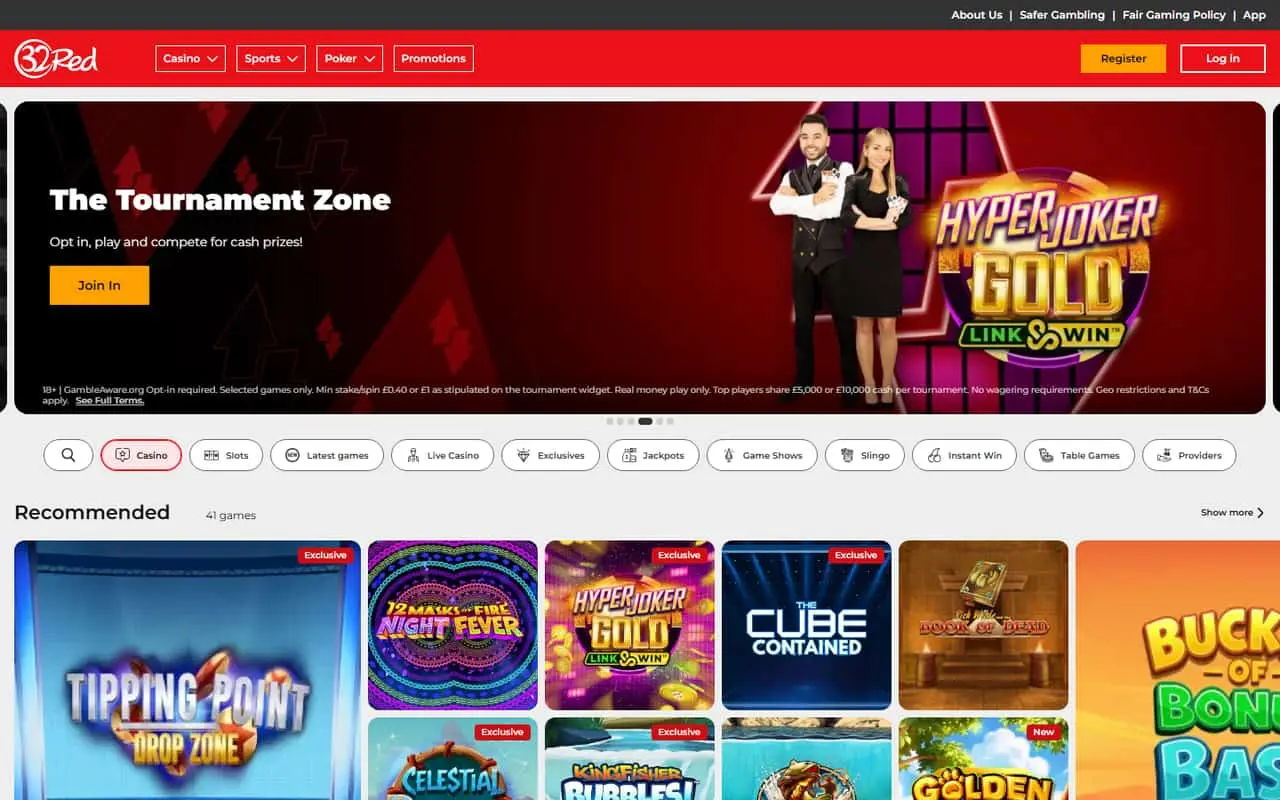 32Red homepage showing its current casino navigation and promotion