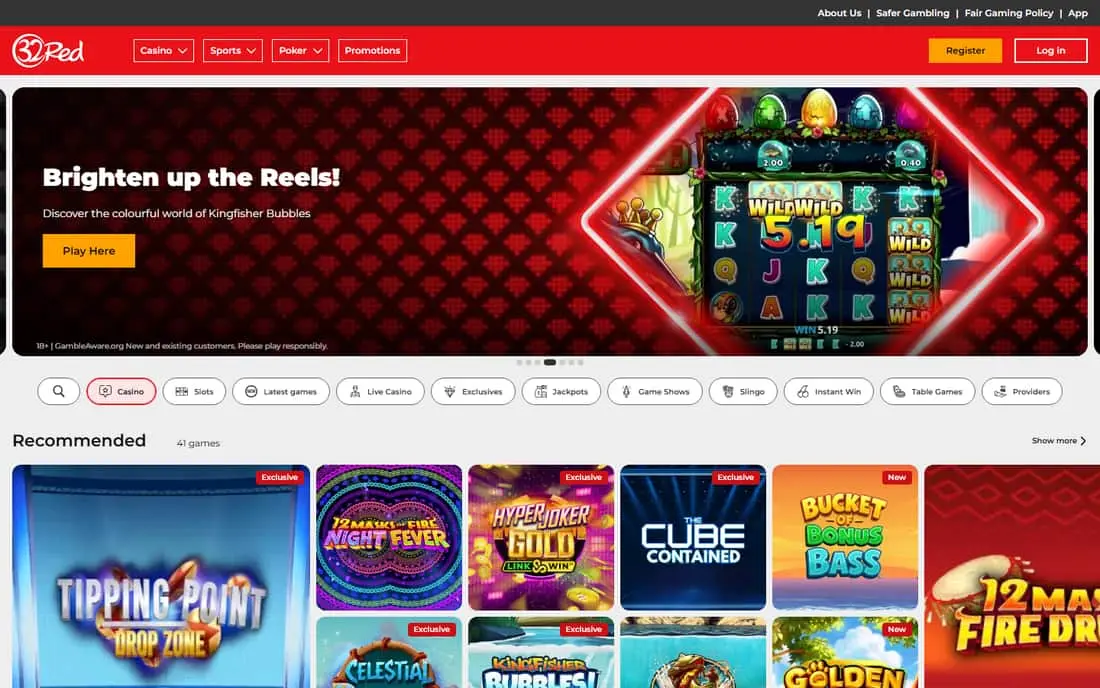 32Red homepage showing a fully loaded casino promotion and navigation in September 2026