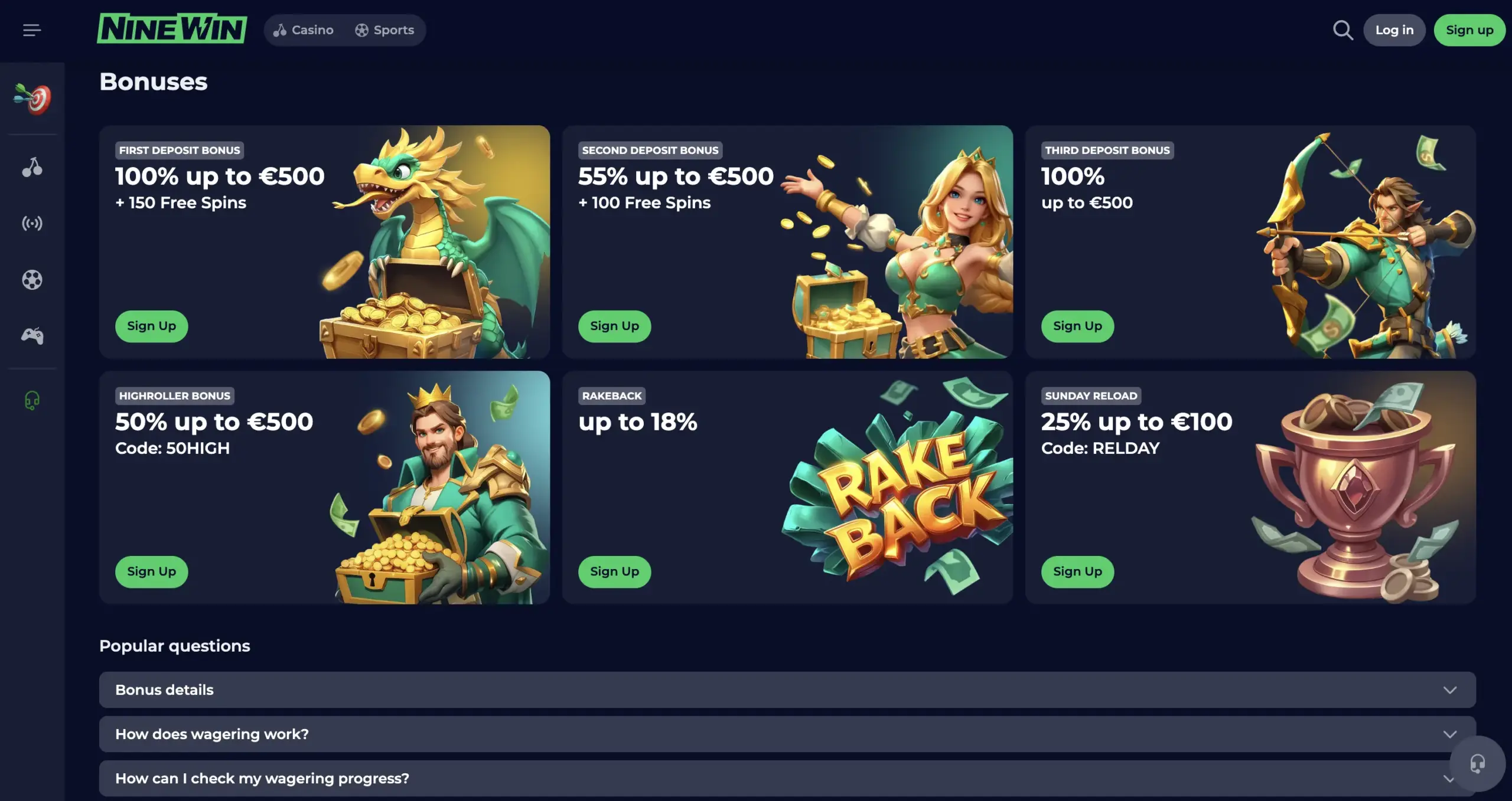 NineWin Casino Homepage