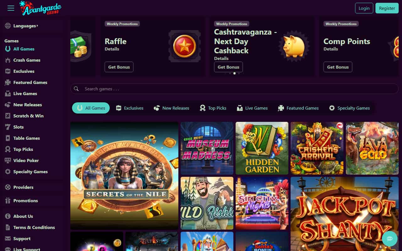 Avantgarde Casino homepage showing a loaded casino game lobby and welcome offer in September 2026