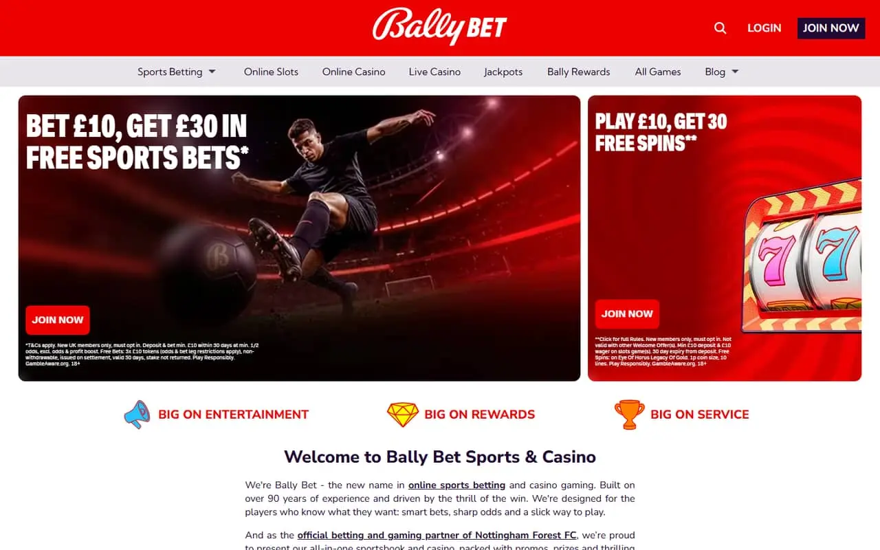 Bally Bet homepage showing its September 2026 sports and casino offers