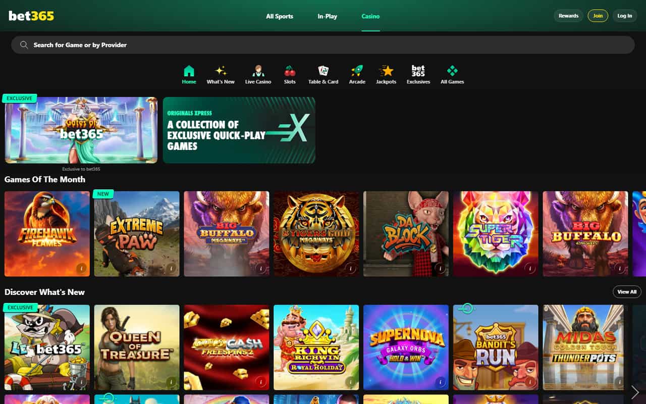 Bet365 Casino homepage showing a fully loaded games lobby in September 2026