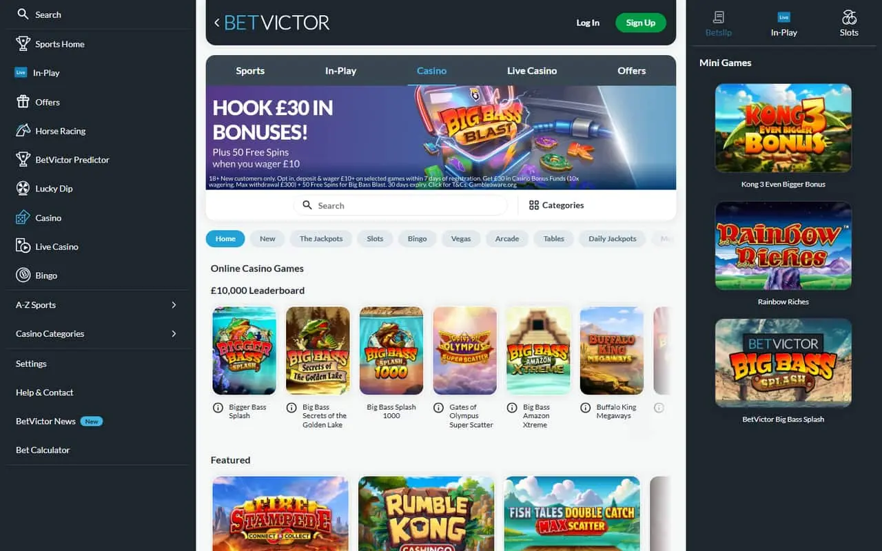 BetVictor homepage showing its current casino offer and fully loaded games lobby in September 2026