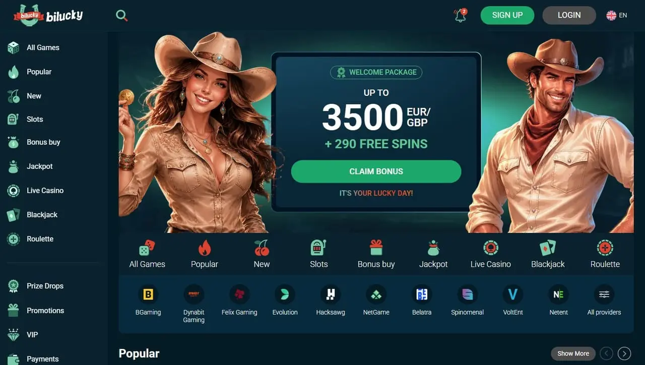 Bilucky casino homepage showing the welcome package and game providers