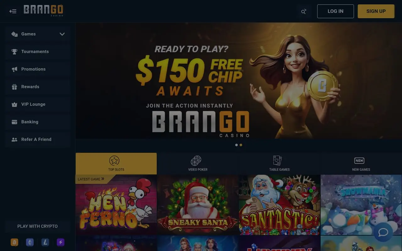 Brango Casino homepage showing its free chip promotion and loaded game lobby