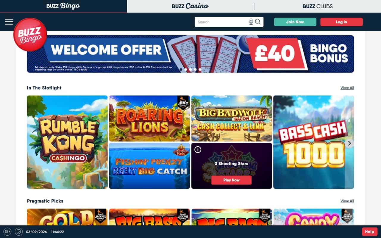 Buzz Bingo homepage showing the current bingo welcome offer