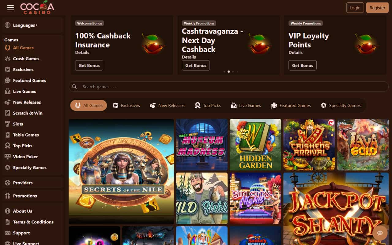 Cocoa Casino homepage showing a loaded casino game lobby and welcome offer in September 2026