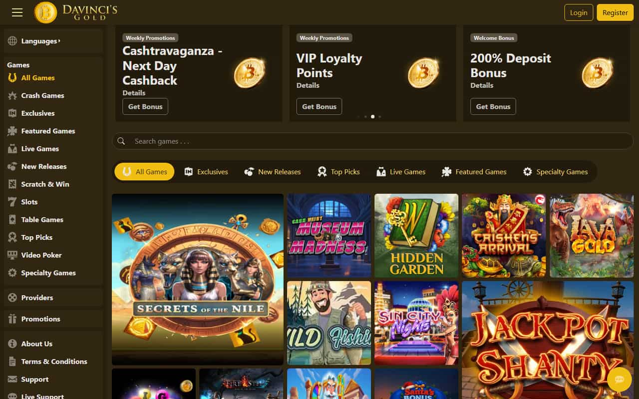 DaVinci's Gold homepage showing a loaded casino game lobby and welcome offer in September 2026