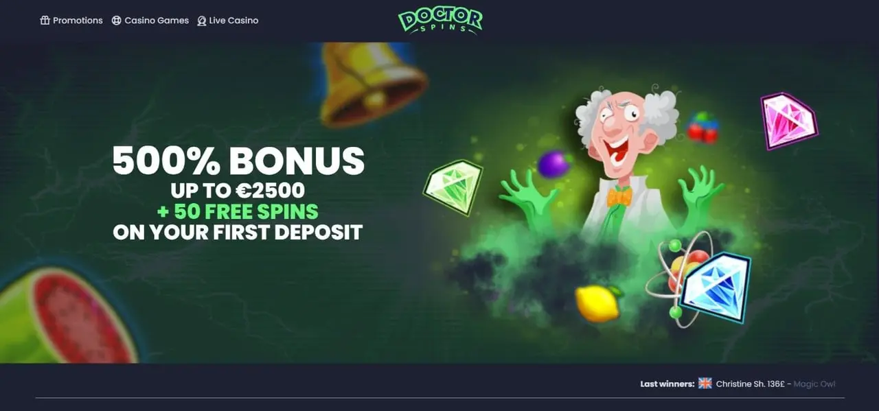 Doctor Spins homepage showing its casino and live casino navigation