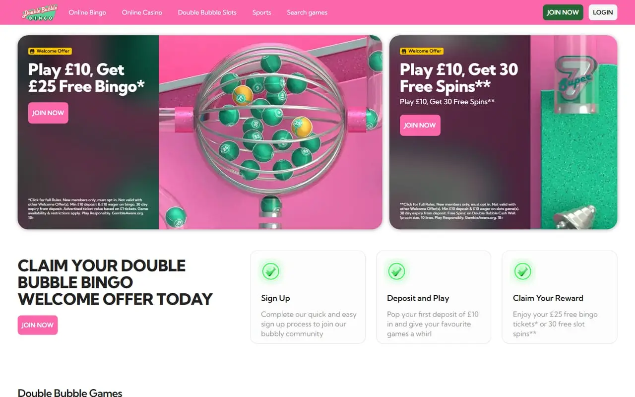 Double Bubble Bingo homepage showing its September 2026 bingo and slots offers