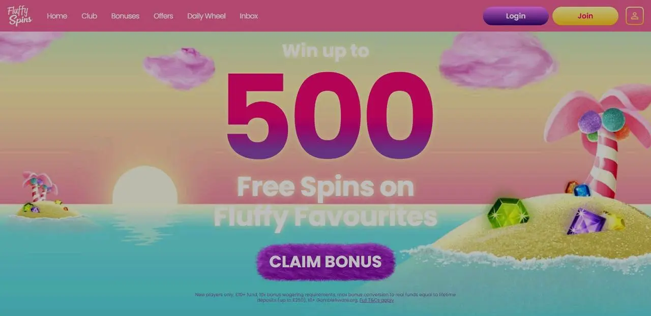 Fluffy Spins homepage showing the current Fluffy Favourites offer