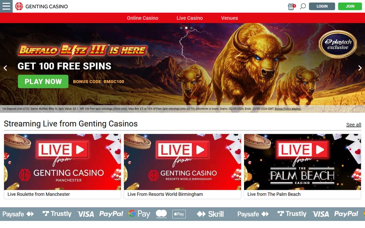 Genting Casino homepage showing the current Buffalo Blitz promotion