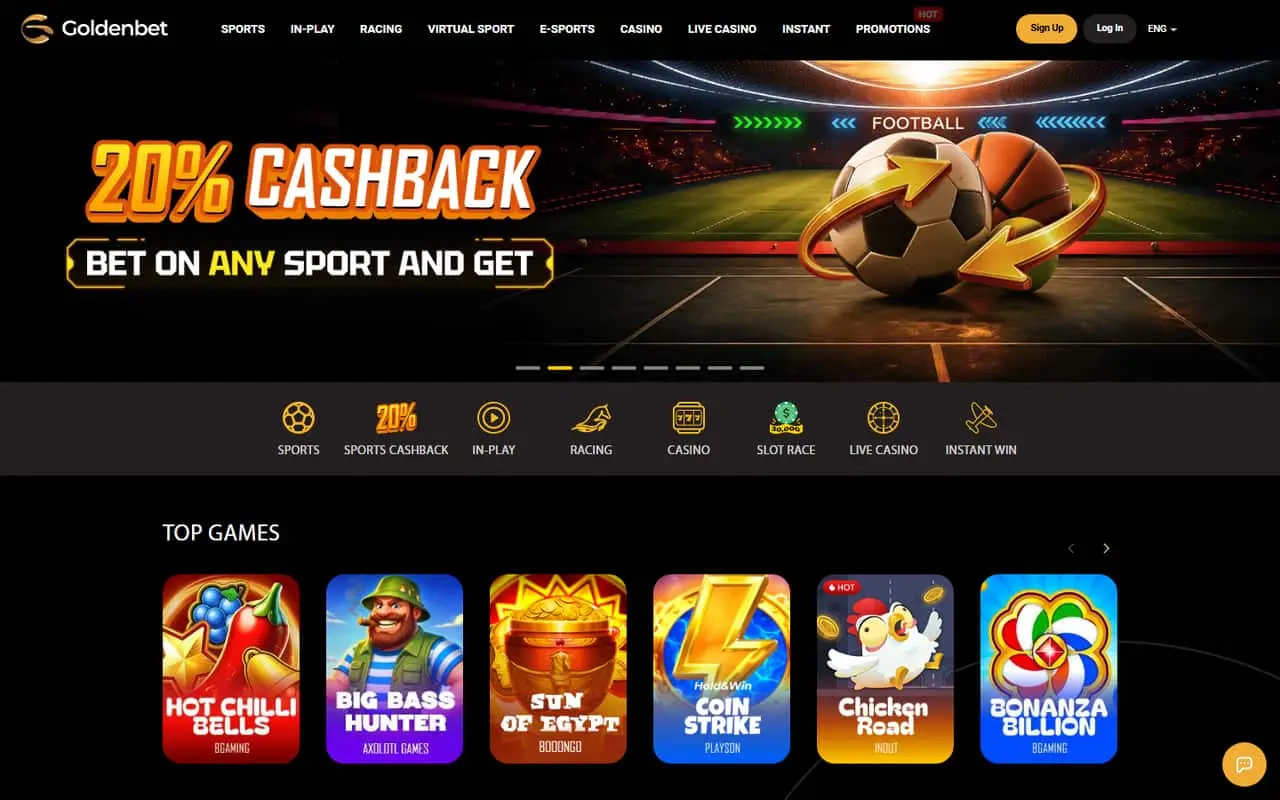 Goldenbet homepage showing the loaded sports cashback promotion