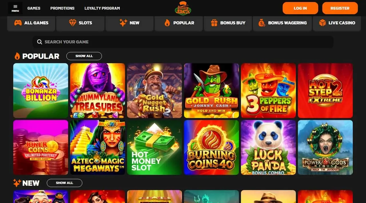 Hidden Jack casino homepage showing the loaded games lobby