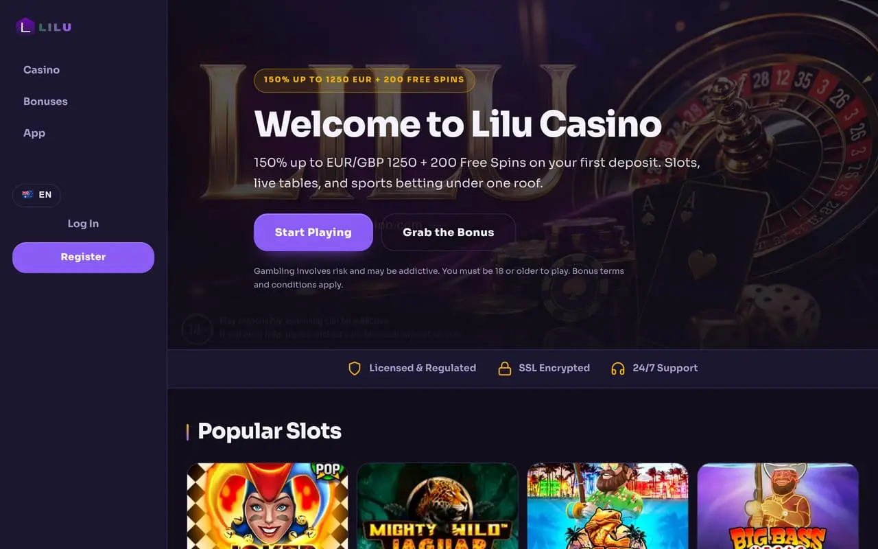 Lilu Casino homepage showing its welcome offer and loaded game lobby