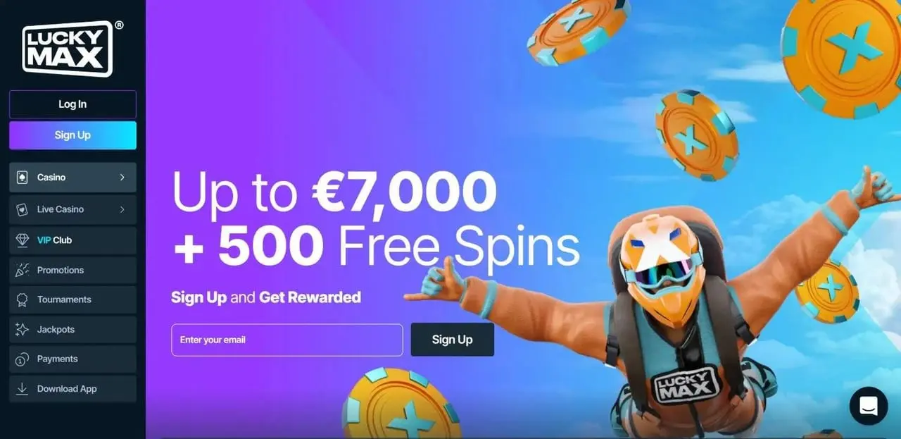 Lucky Max casino homepage showing the welcome offer
