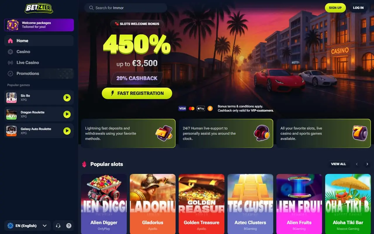 Betzter homepage showing the loaded welcome promotion, navigation and game lobby in September 2026