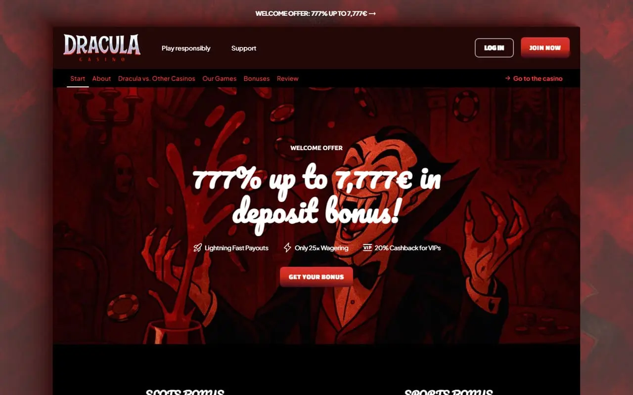 Dracula Casino homepage showing the loaded welcome area and game categories in September 2026