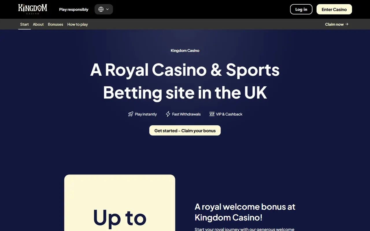 Kingdom Casino homepage showing the loaded welcome area, casino navigation and game categories in September 2026