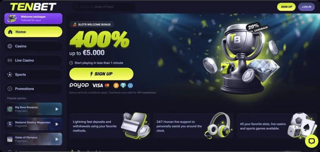 TenBet homepage showing its casino and sports navigation with the games lobby fully loaded