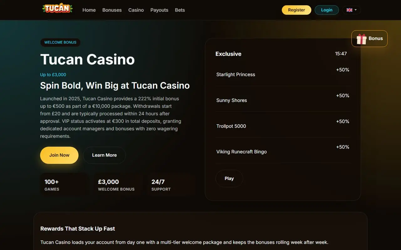 Tucan Casino homepage showing the loaded bonus area, casino navigation and games in September 2026
