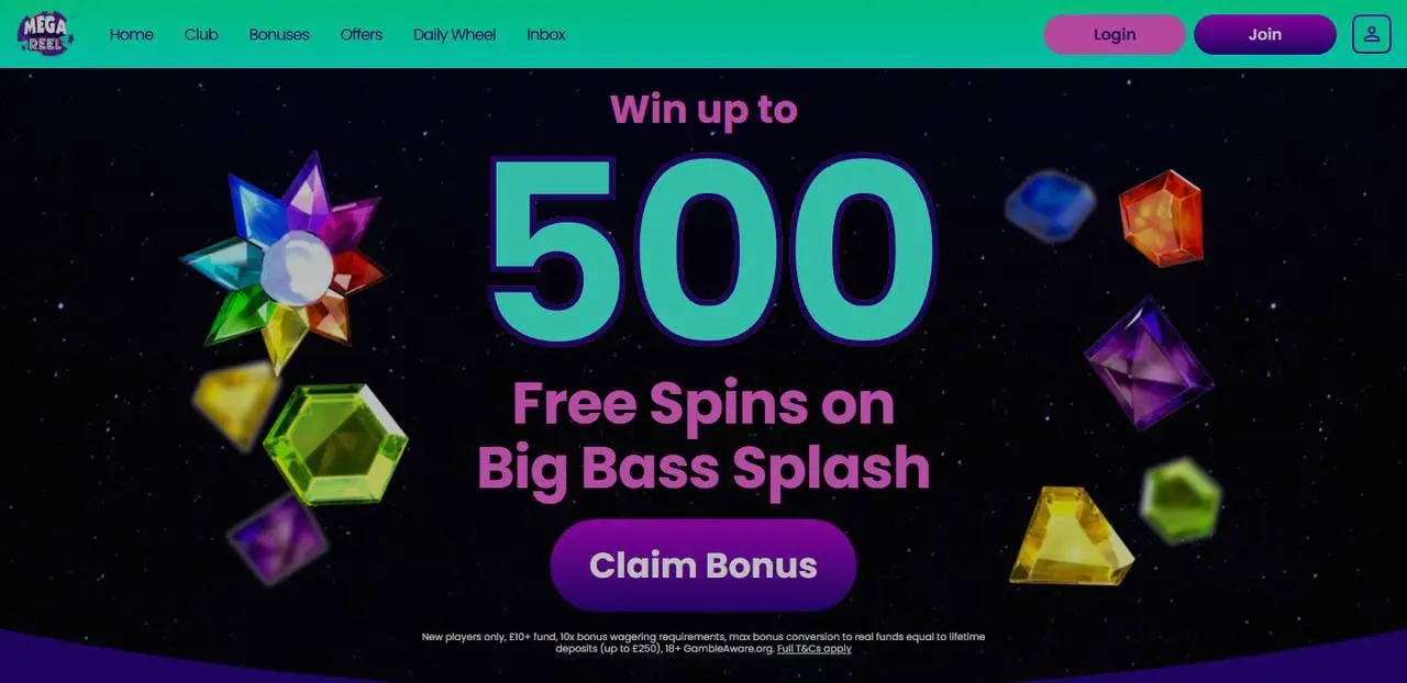 Mega Reel homepage showing the current Big Bass Splash offer