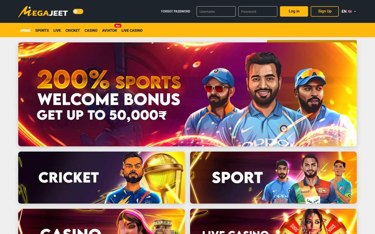 Megajeet homepage showing the loaded sports welcome promotion