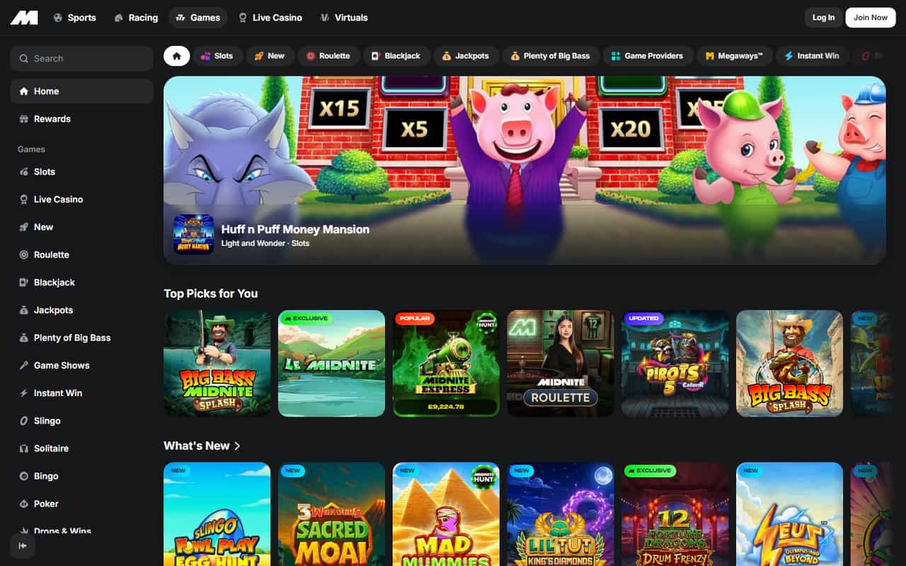 Midnite Casino homepage showing a fully loaded games lobby in September 2026