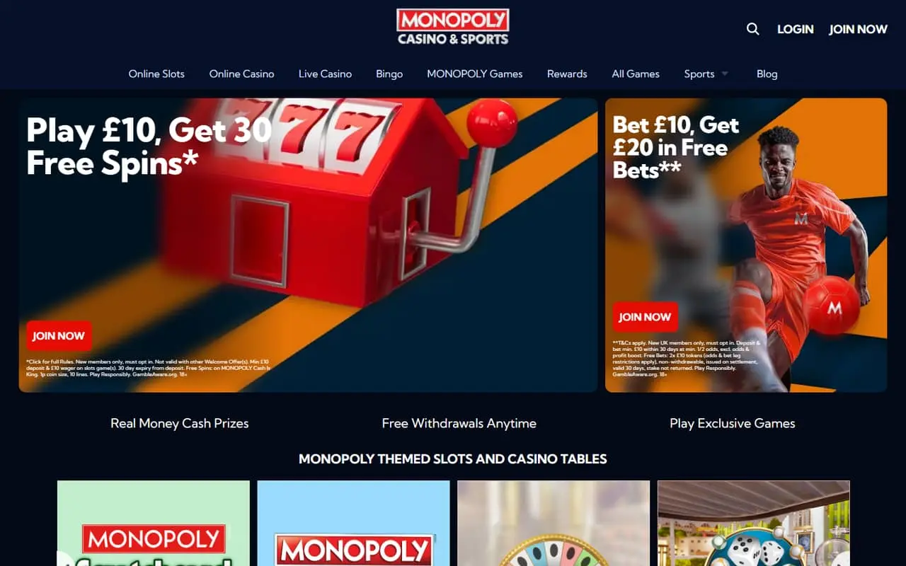 Monopoly Casino homepage showing its September 2026 casino and sports offers