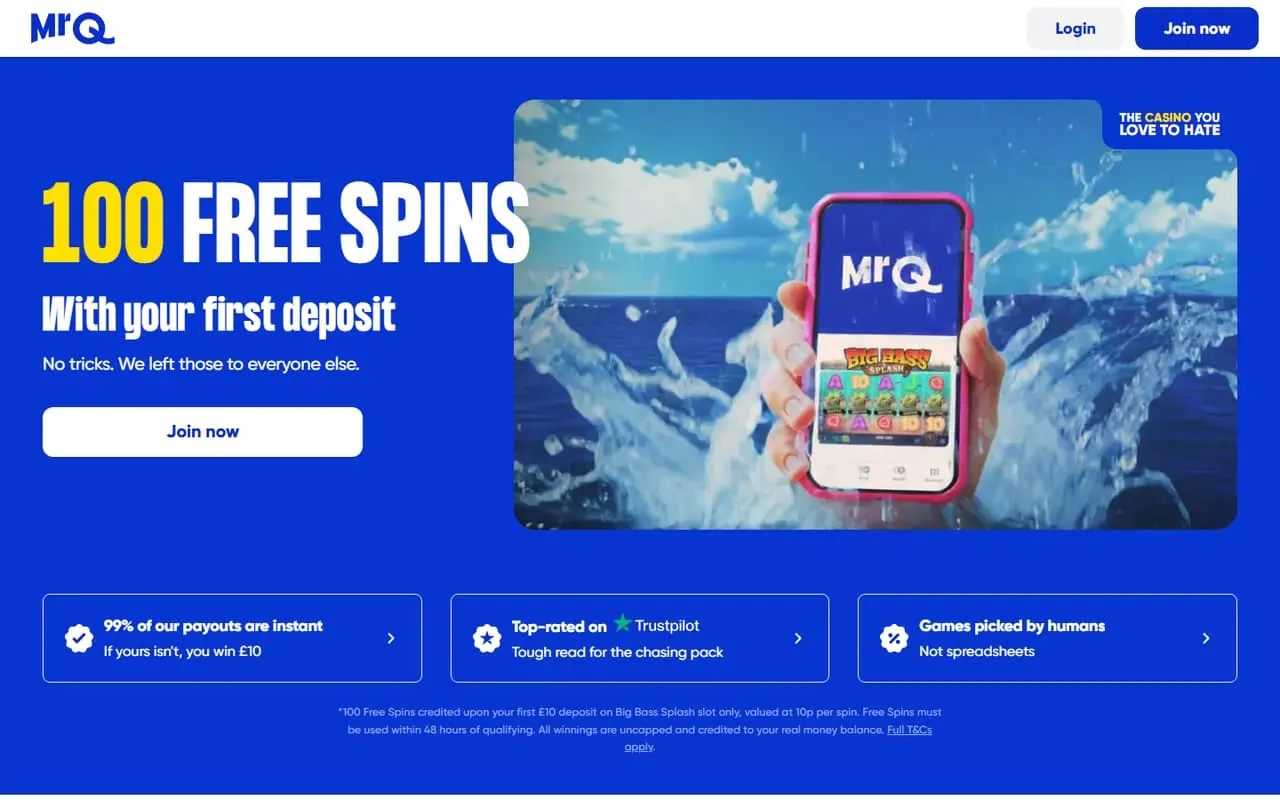 Mr Q homepage showing its current free-spins offer and fully loaded casino page in September 2026